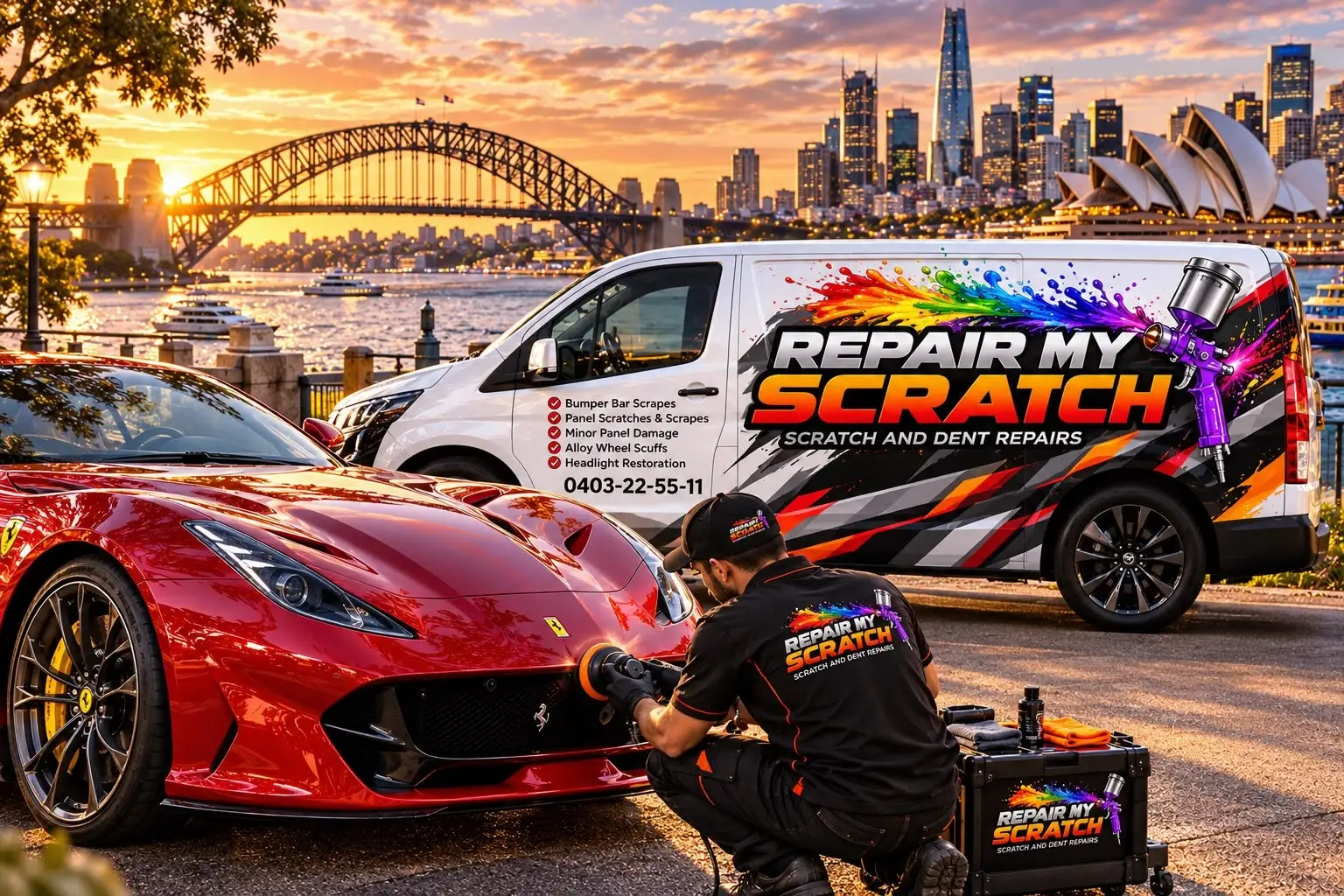 Repair My Scratch branded van and technician repairing a red car against the Sydney Harbour skyline